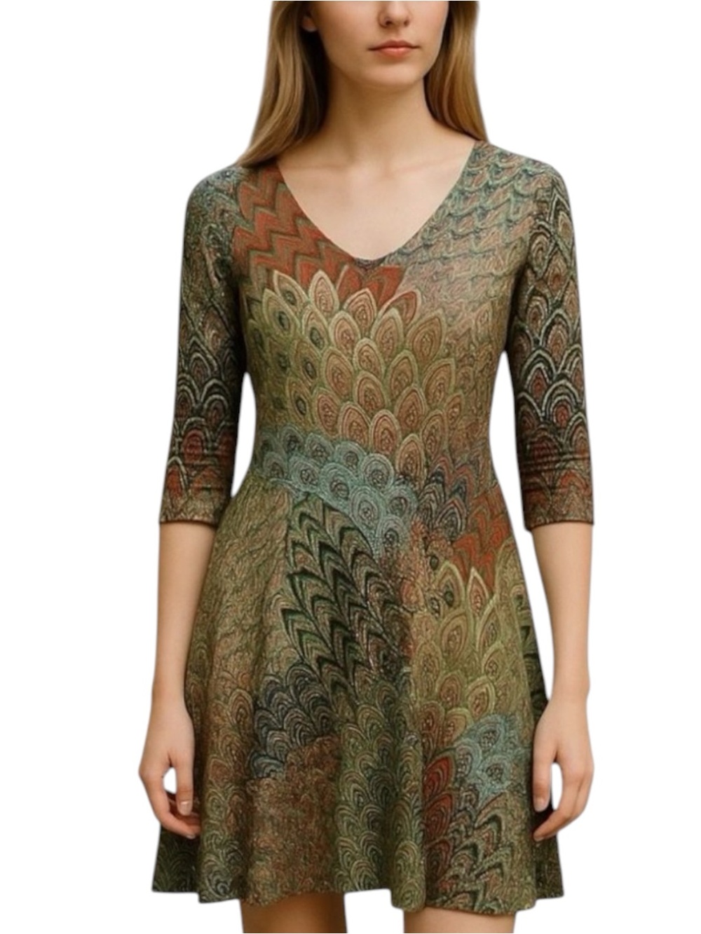 MSK Brown Orange Tan Peacock Print Boho Festival Dress NWOT Size M